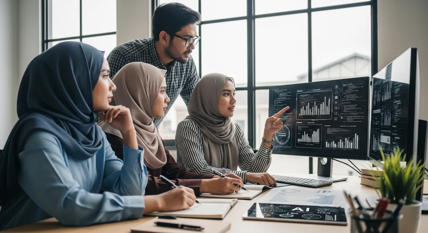 Diverse team analyzing data charts on a computer screen in an ai business photo.