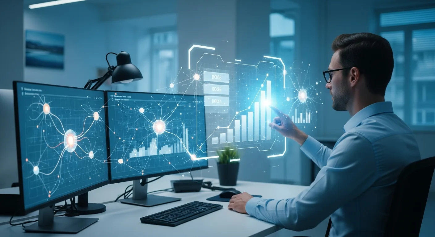 A professional analyzing AI content optimization strategies for SEO on a digital interface.