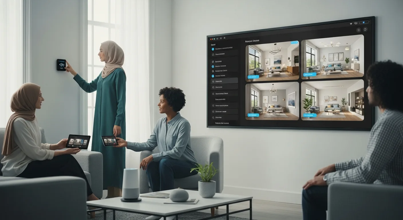 Using smart devices and a large screen for ai home decor planning in a modern, connected living space.