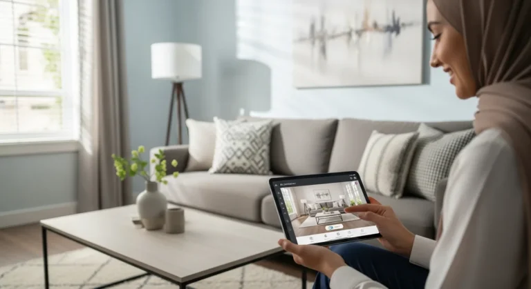 A woman using an ai home design app on her tablet while sitting in a modern living room.