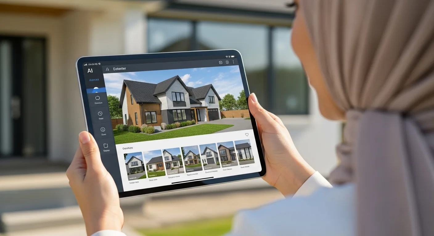 Woman using a tablet for ai home exterior design free to view various modern house styles.
