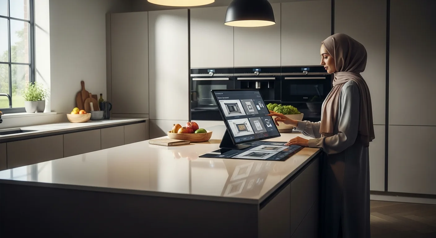 Woman in a hijab uses a smart touchscreen for an ai kitchen design in a modern minimalist kitchen.