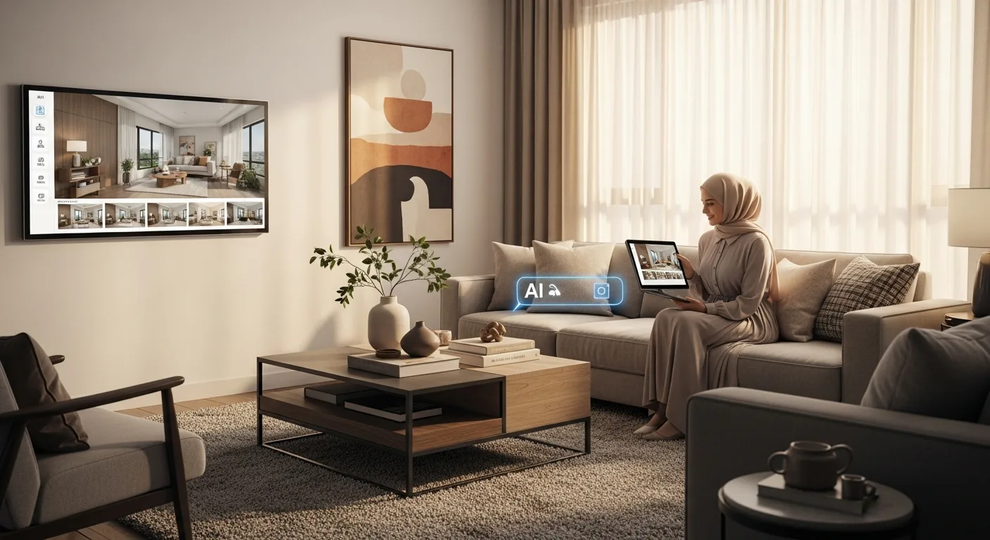 A woman uses an AI living room design tool on her tablet, mirrored on a large wall TV in a modern home.