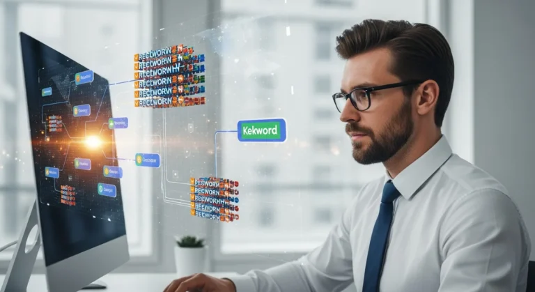 Professional using AI prompts for keyword research and clustering to organize digital marketing data on a laptop screen.
