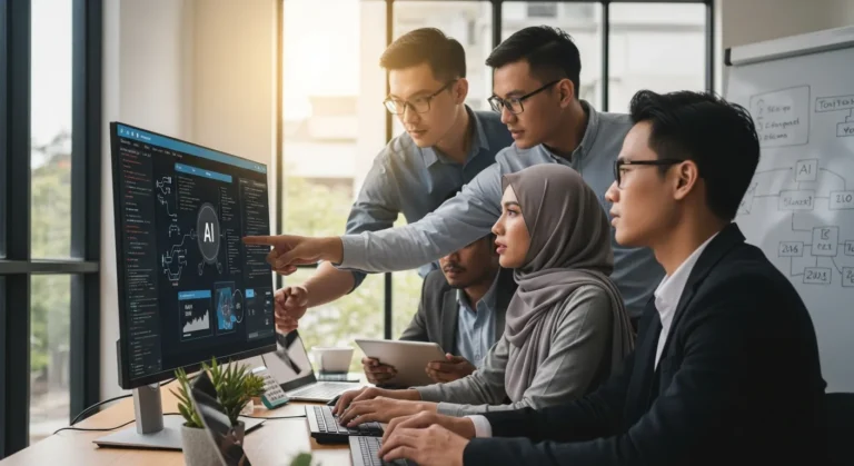 A professional team collaborating on ai software development services, looking at a computer screen with code.