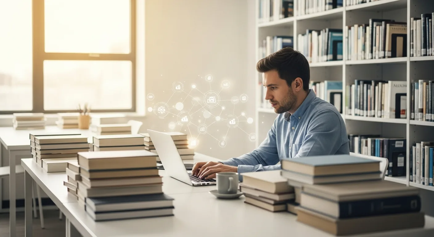 A researcher utilizing AI tools for academic research writing on a laptop in a modern, sunlit library setting.