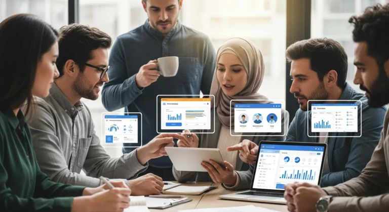 A diverse team collaborating while using AI tools for small business dashboards on their digital devices.