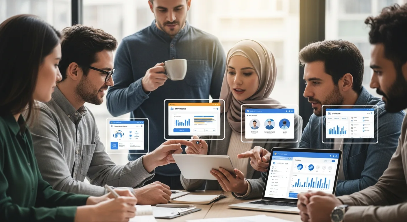 A diverse team collaborating while using AI tools for small business dashboards on their digital devices.
