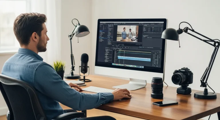 A professional man editing high-quality clips using AI video generators without watermarks in a modern studio.