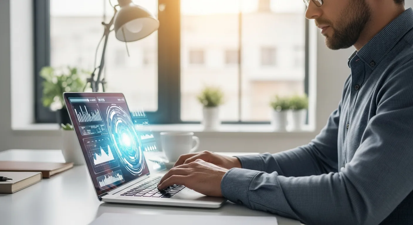 A professional man using the best ChatGPT prompts for SEO and content strategy on a laptop.