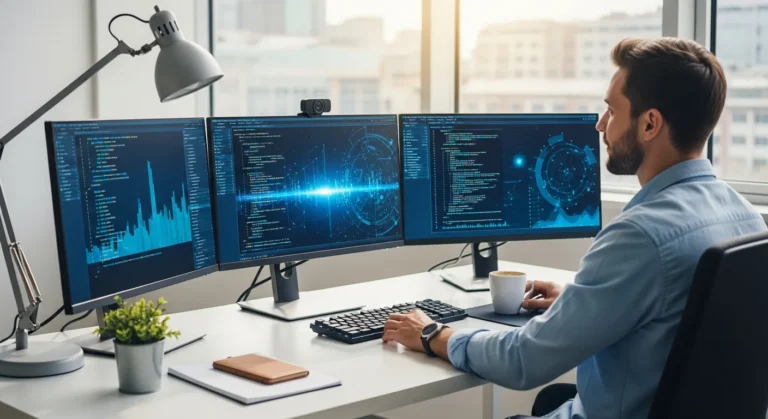 A man working on a laptop while exploring the best free AI tools for developers in 2026.