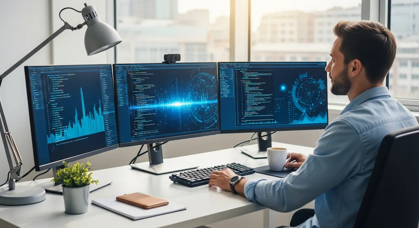 A man working on a laptop while exploring the best free AI tools for developers in 2026.