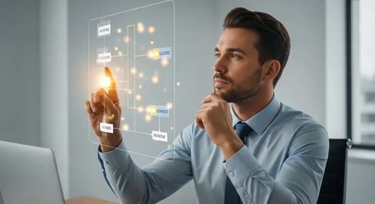 A man analyzing complex chain-of-thought (CoT) prompting examples on a digital interface.