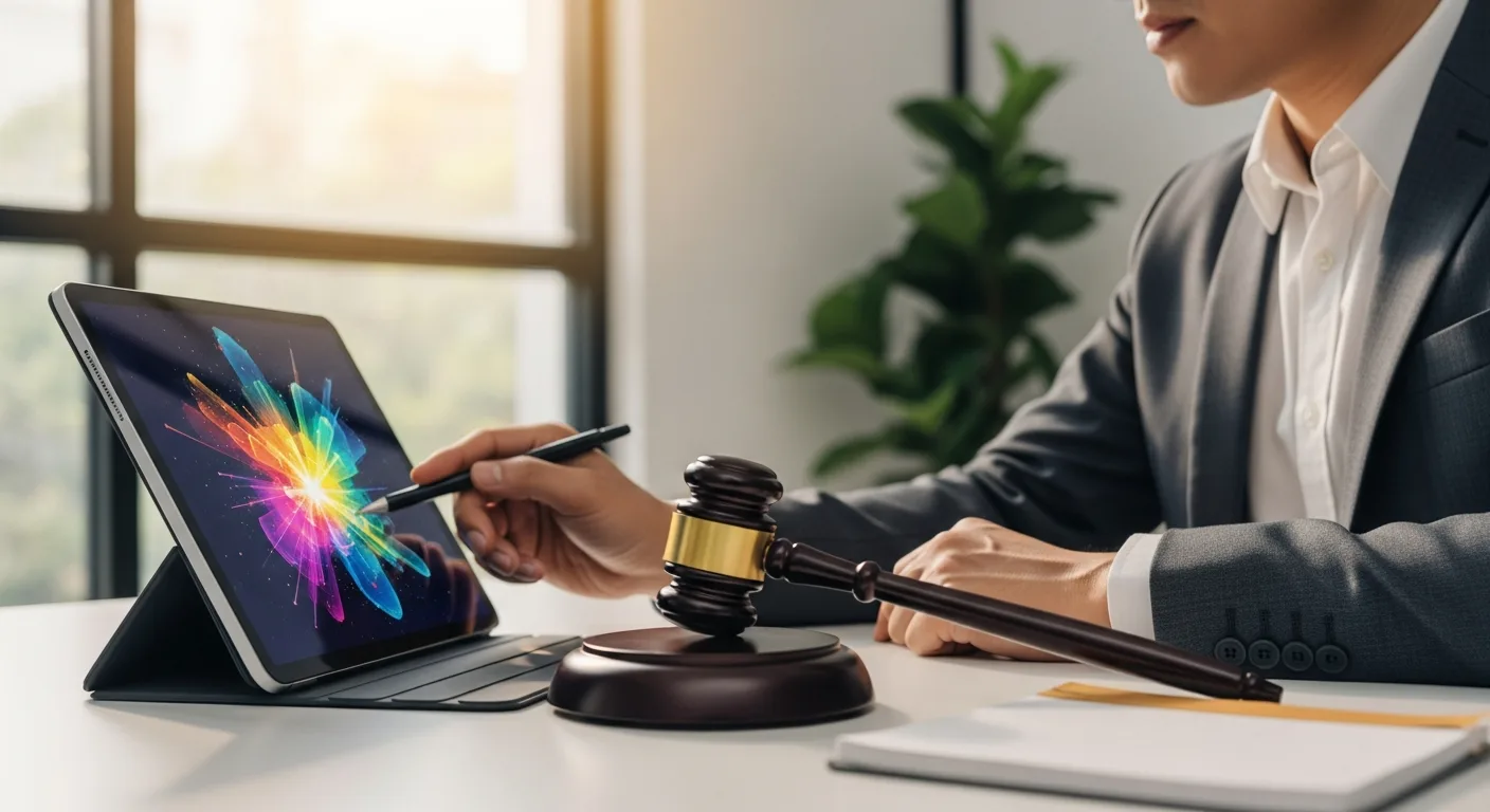A man reviewing legal documents regarding copyright laws for AI-generated art on a high-tech tablet.