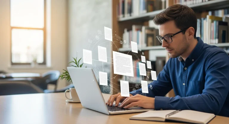 Researcher using free AI literature review generators on a laptop to organize academic papers and citations.