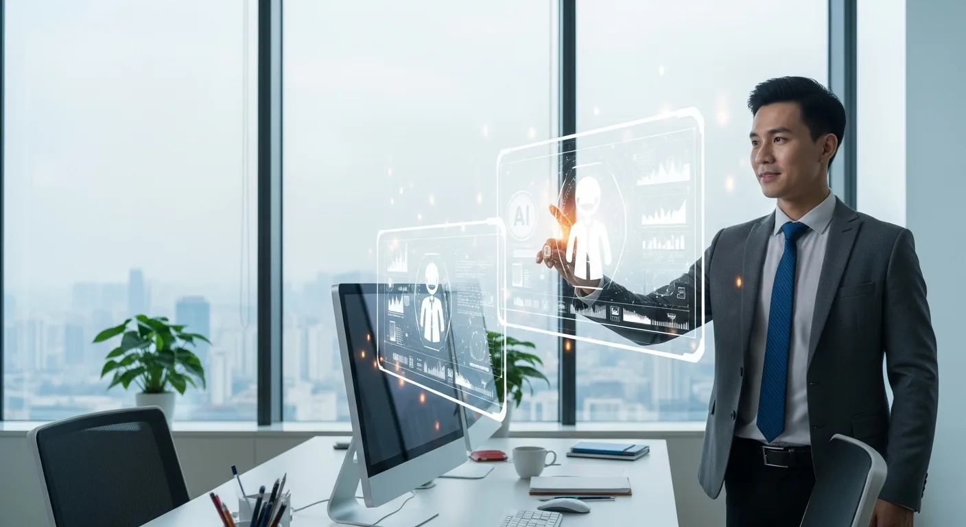 Visualizing the future of AI digital workers collaborating with professionals in a global corporate environment.