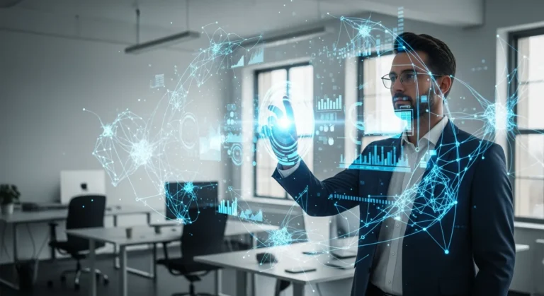 A professional man using a holographic interface showing the Generative AI impact on the labor market.
