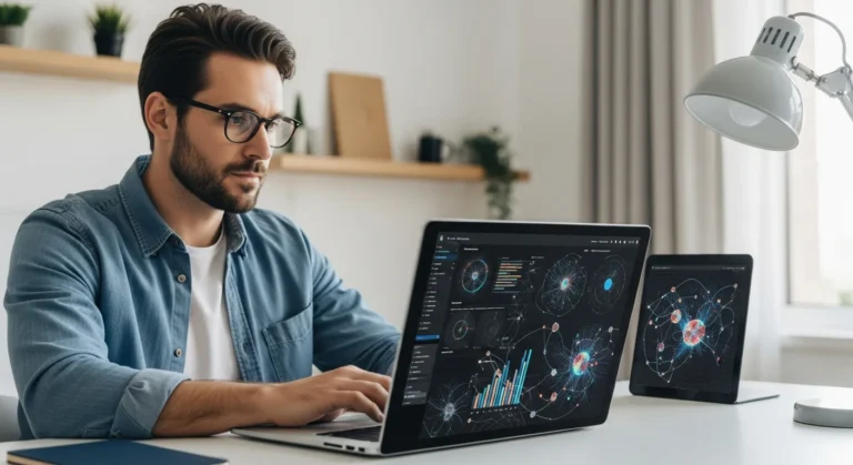 Detailed Google AI Essentials certification review on a laptop screen with a professional workspace background.