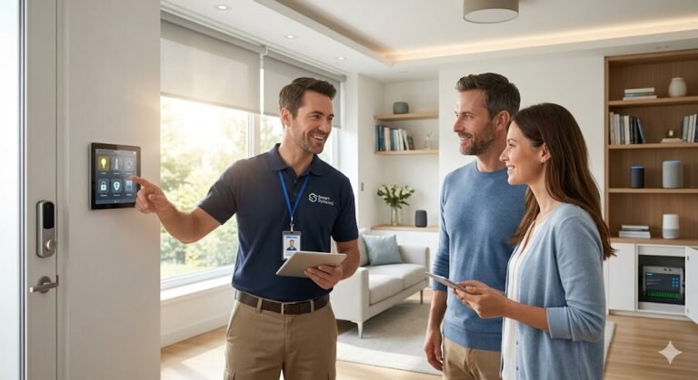A male technician from a home automation company points to a wall-mounted touch screen, explaining the smart home control interface with graphical icons for security, lighting, climate, and media to an engaged female homeowner in a bright, modern living room.