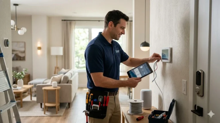 Professional technician during a home automation installation, wiring a smart control panel in a living room.