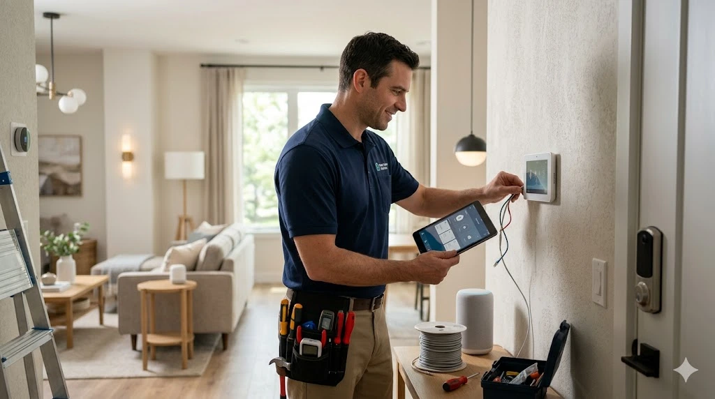 Professional technician during a home automation installation, wiring a smart control panel in a living room.