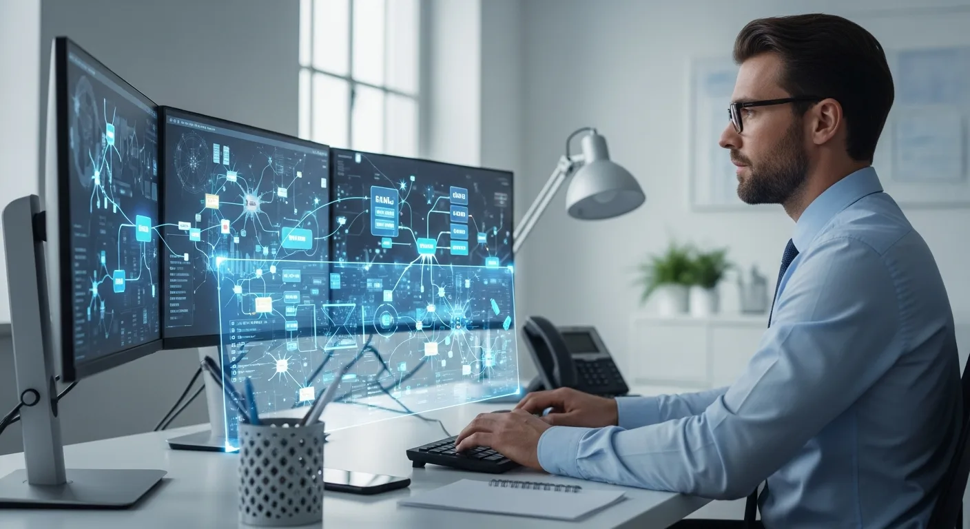 A software engineer at a modern workstation learning how to build custom AI agents through a complex neural interface.