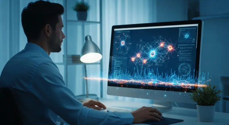 A man studying a guide on how to learn prompt engineering for beginners at a modern digital workstation.