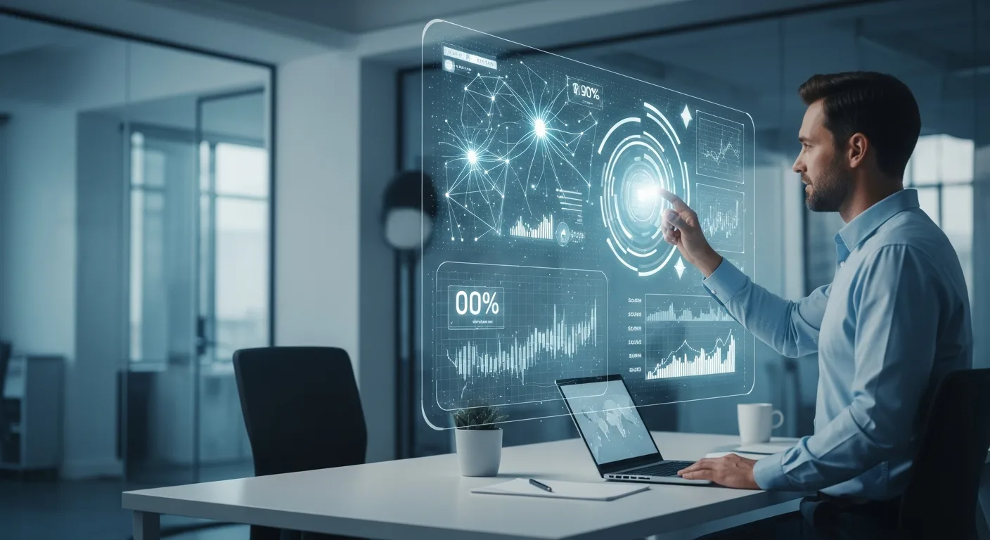 A male professional demonstrating how to monetize AI skills in 2026 using a futuristic holographic interface.