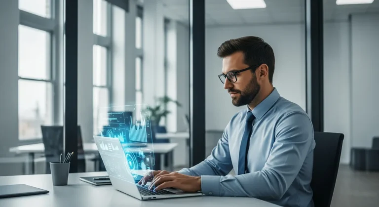 Professional Microsoft Copilot for enterprise review image featuring a modern office workspace with AI data overlays.