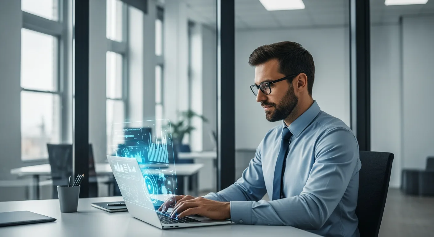 Professional Microsoft Copilot for enterprise review image featuring a modern office workspace with AI data overlays.