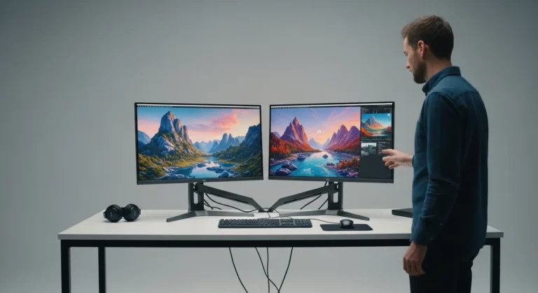 A side-by-side Midjourney vs Stable Diffusion 3 comparison on professional monitors in a high-tech studio.