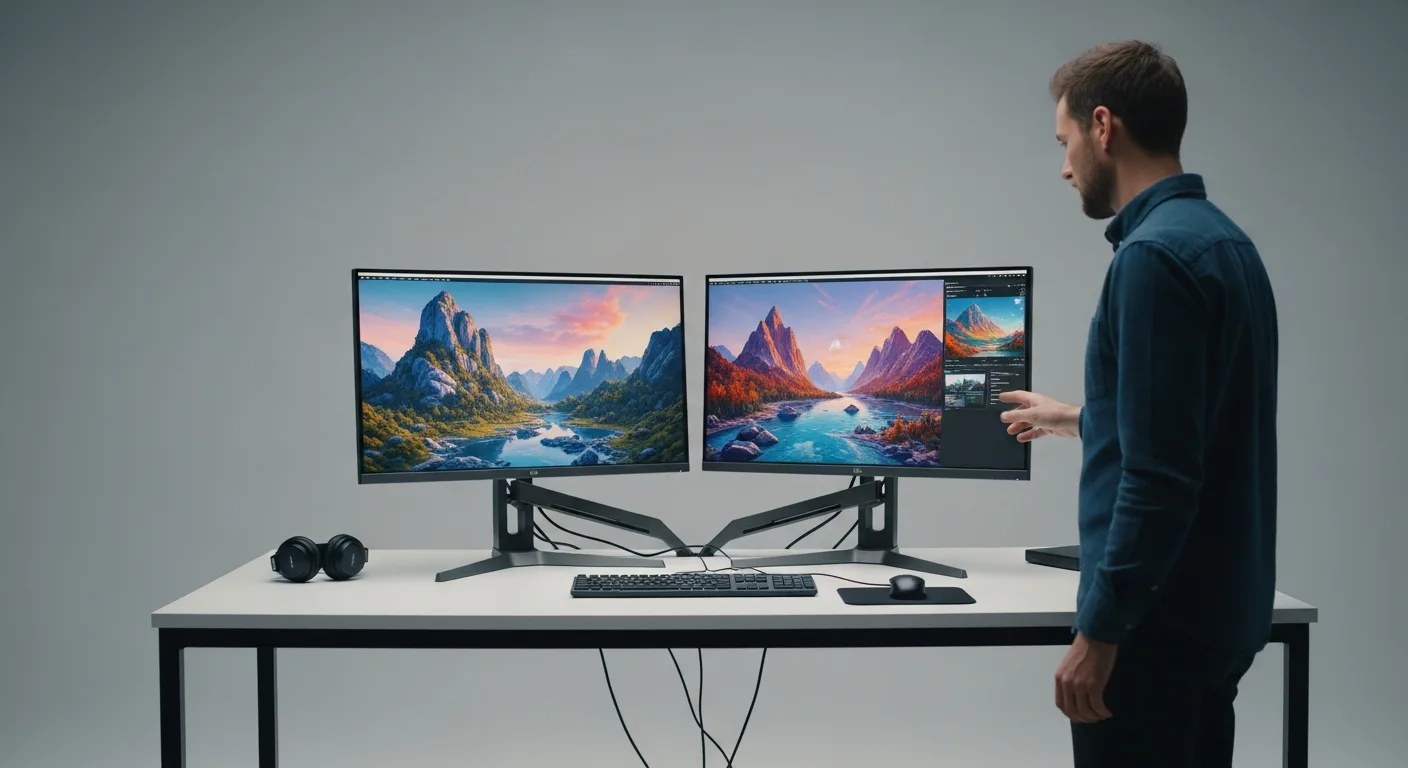A side-by-side Midjourney vs Stable Diffusion 3 comparison on professional monitors in a high-tech studio.