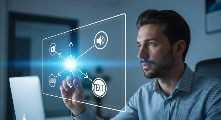 Multimodal AI capabilities explained through a visual metaphor of integrated text, image, and audio data streams.