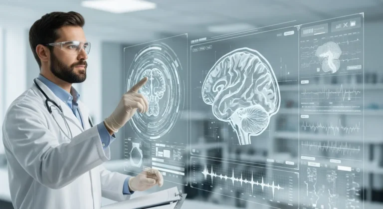 A male doctor using multimodal AI in healthcare diagnosis to analyze patient records and diagnostic imaging.