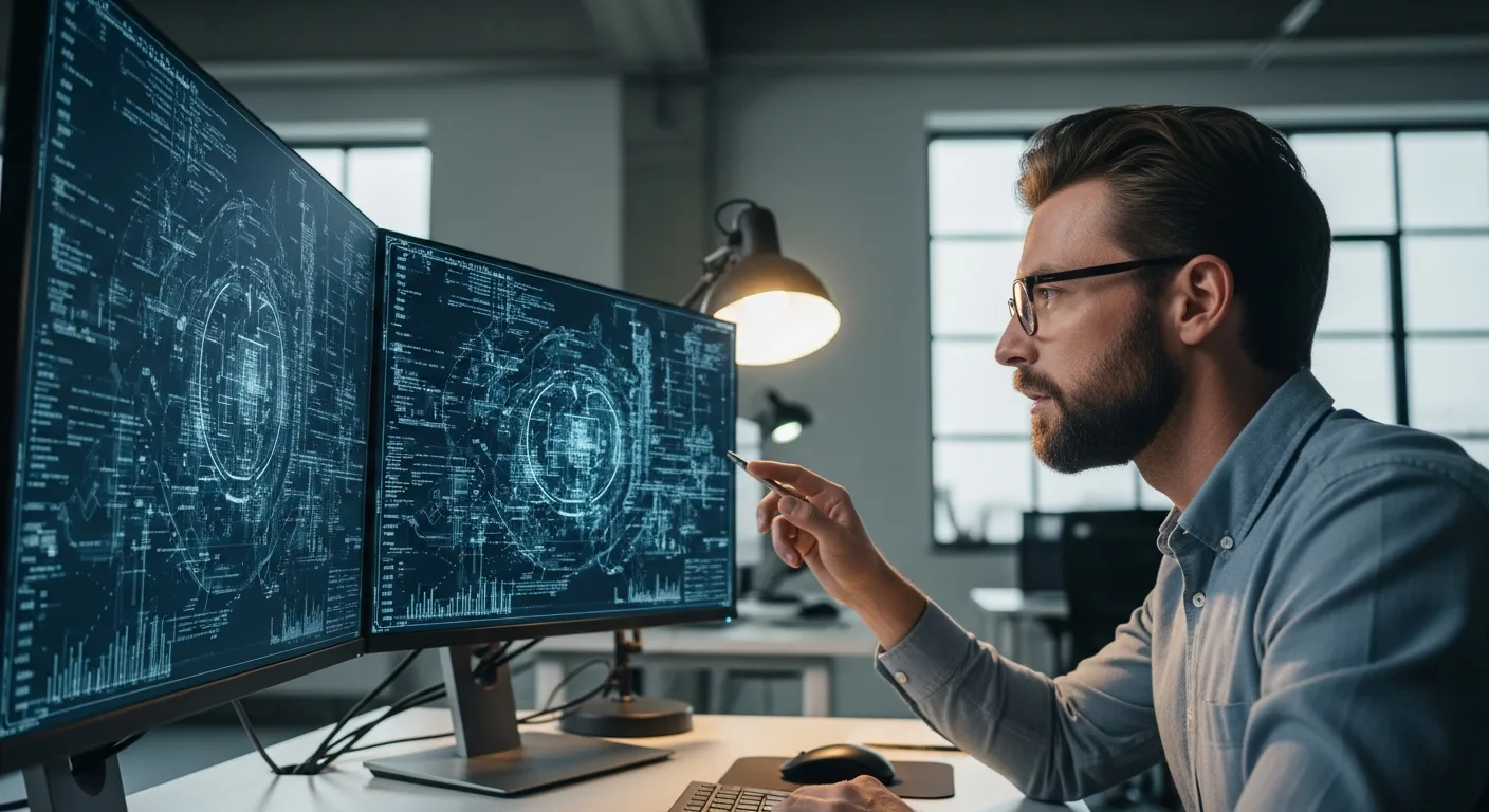 A professional man following a reverse prompt engineering tutorial to analyze digital code on a high-tech screen.