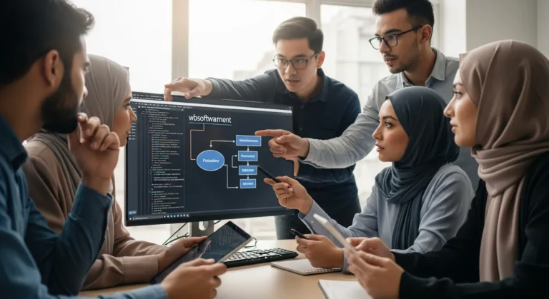 Diverse team collaborating on software automation wbsoftwarement shown on a computer monitor in an office.