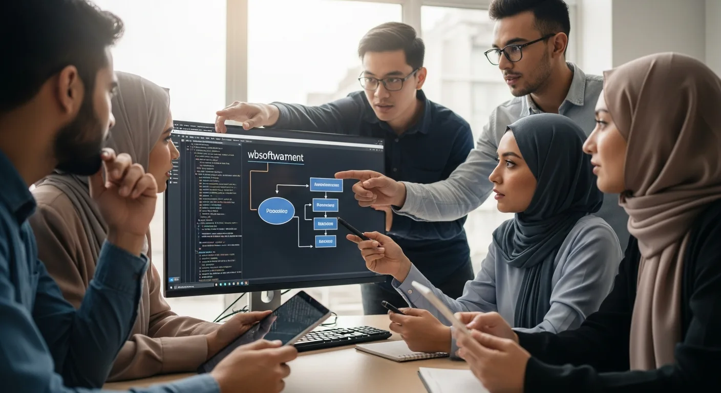 Diverse team collaborating on software automation wbsoftwarement shown on a computer monitor in an office.