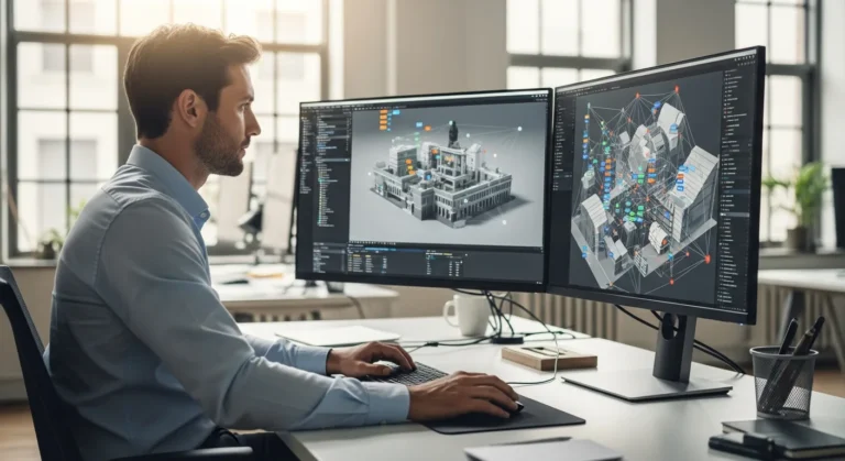 A developer crafting effective system prompts for building AI chatbots on a computer screen in a modern office.