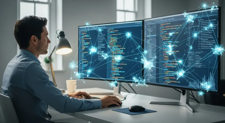A professional developer evaluating the top AI coding assistants in 2026 on a futuristic multi-monitor setup.
