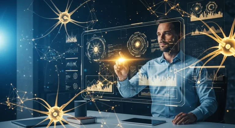 A professional analyzing the top artificial intelligence trends to watch on a futuristic digital interface.