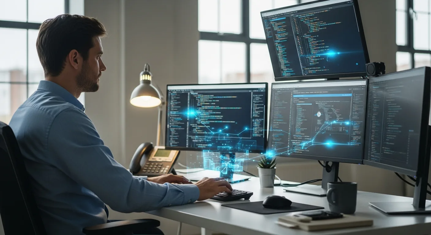 A man coding alongside AI tools, answering will AI replace web developers and software engineers in 2026.