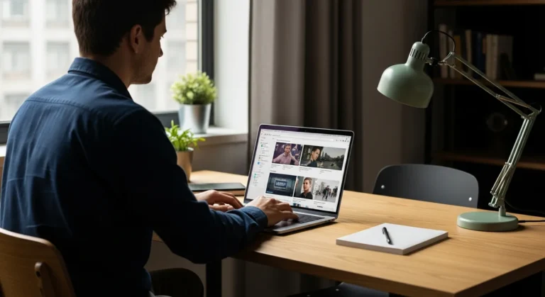 A professional exploring affordable AI solutions for content creation on a modern laptop in a bright office.