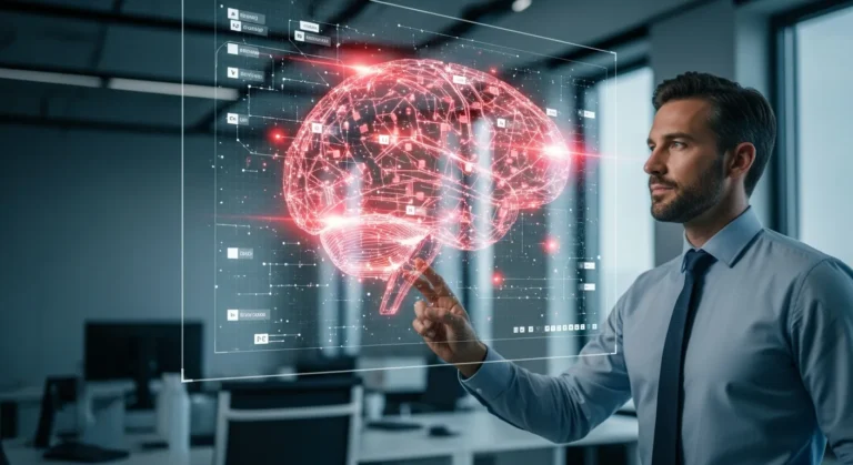 A conceptual view of artificial intelligence dangers with a glowing digital neural network in a dark workspace.