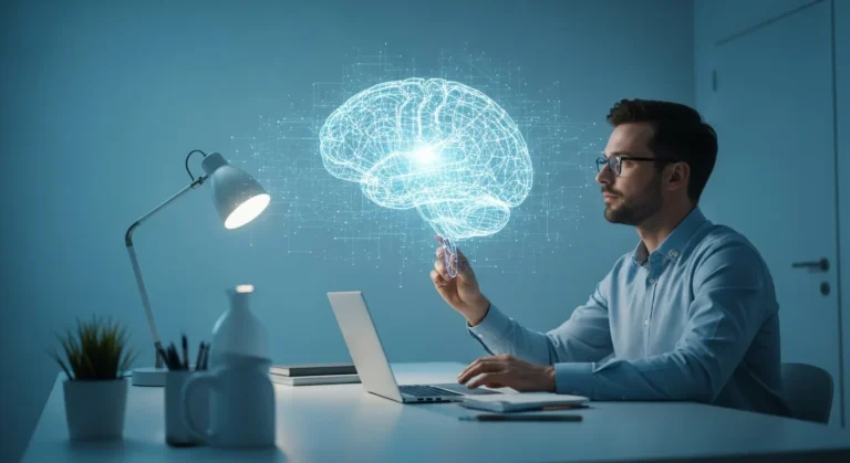 A futuristic visualization of a modern artificial intelligence definition shown through glowing neural networks.