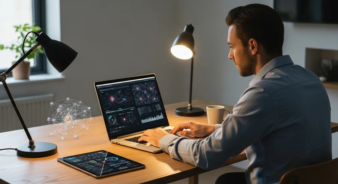 A professional man studying for an artificial intelligence degree online at a clean desk with modern technology.