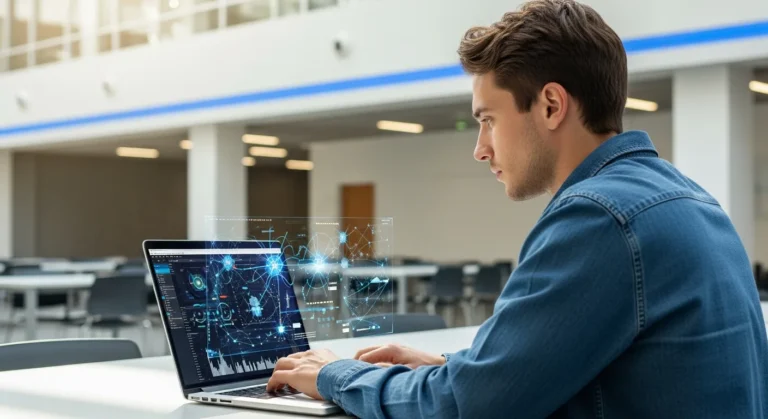 A student researching top-rated artificial intelligence degree programs on a high-tech laptop in a modern library.