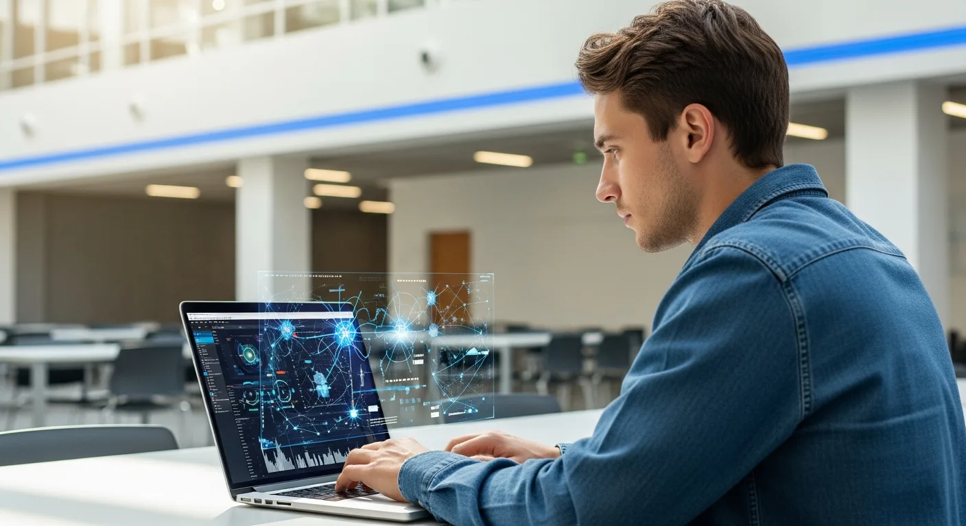 A student researching top-rated artificial intelligence degree programs on a high-tech laptop in a modern library.