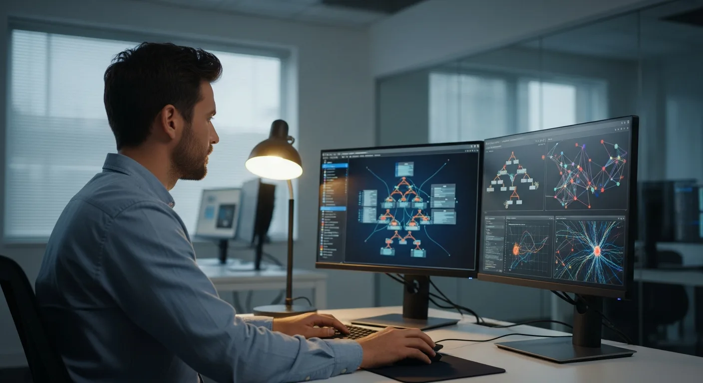 A professional man studying neural networks in a modern lab to pursue an artificial intelligence degree.