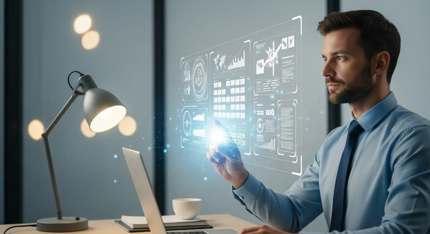A man scrutinizing a digital artificial intelligence detector interface for content authenticity in a 2026 office.