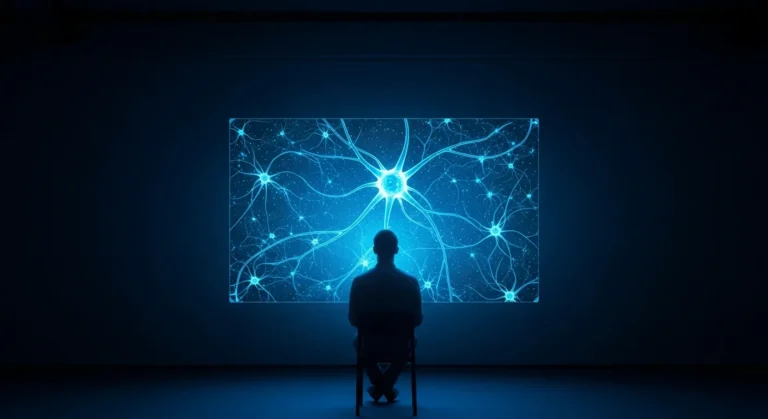 A man viewing a compelling artificial intelligence documentary about the world in 2026.